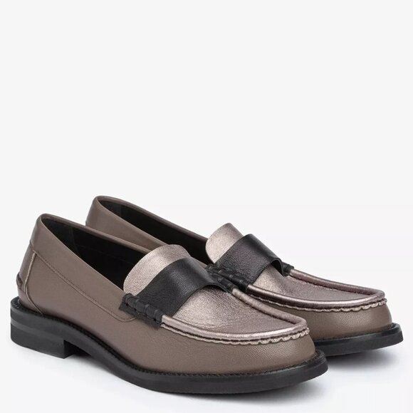 $750 PEDRO GARCIA STINA CLASSIC PENNY LOAFER FOSSIL METALLIC BLACK 38.5 (DB27)